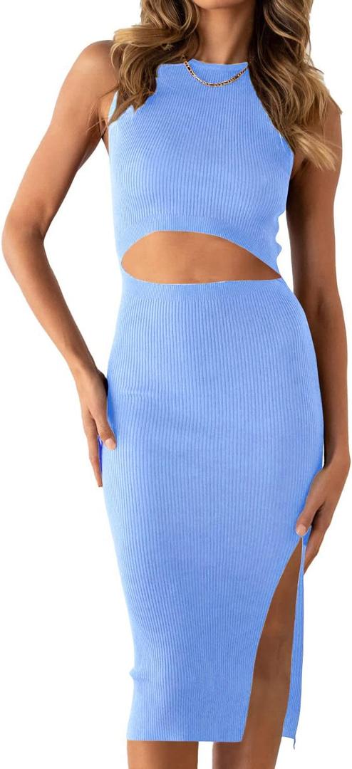 PRETTYGARDEN Women's Summer Midi Bodycon Dresses Casual Crew Neck Side Slit Sleeveless Knit Cut Out Tank Top Dress (Blue, M)