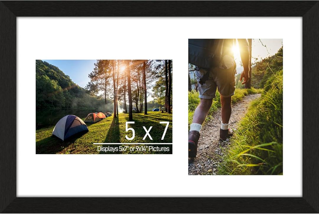 5x7 Double Picture Frame Collage 2 Openings Wooden, Multi Photo Collage Frame 9x14 Gallery Wall Decor, Black Frame with White Mat, Wood