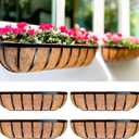 LaLaGreen Fence Planters for Outdoor Plants (4 Pack, 24 Inch) Black Metal Window Boxes Planter To Attach To House, Wall Mounted Flower Coco Baskets Outside Deck Railing Balcony Garden Porch Patio Rail
