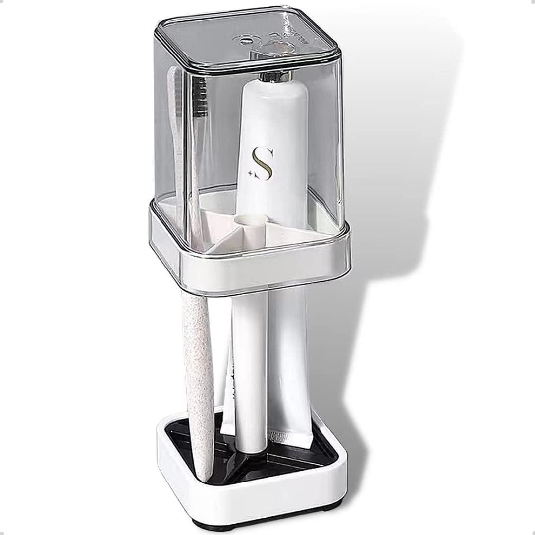 Toothbrush Holder with Cup/Cover Contains 3 Slots, Compatible with Conventional Toothbrushes, Can Store Toothpaste (Rectangle) (Cream Color A(vertical))