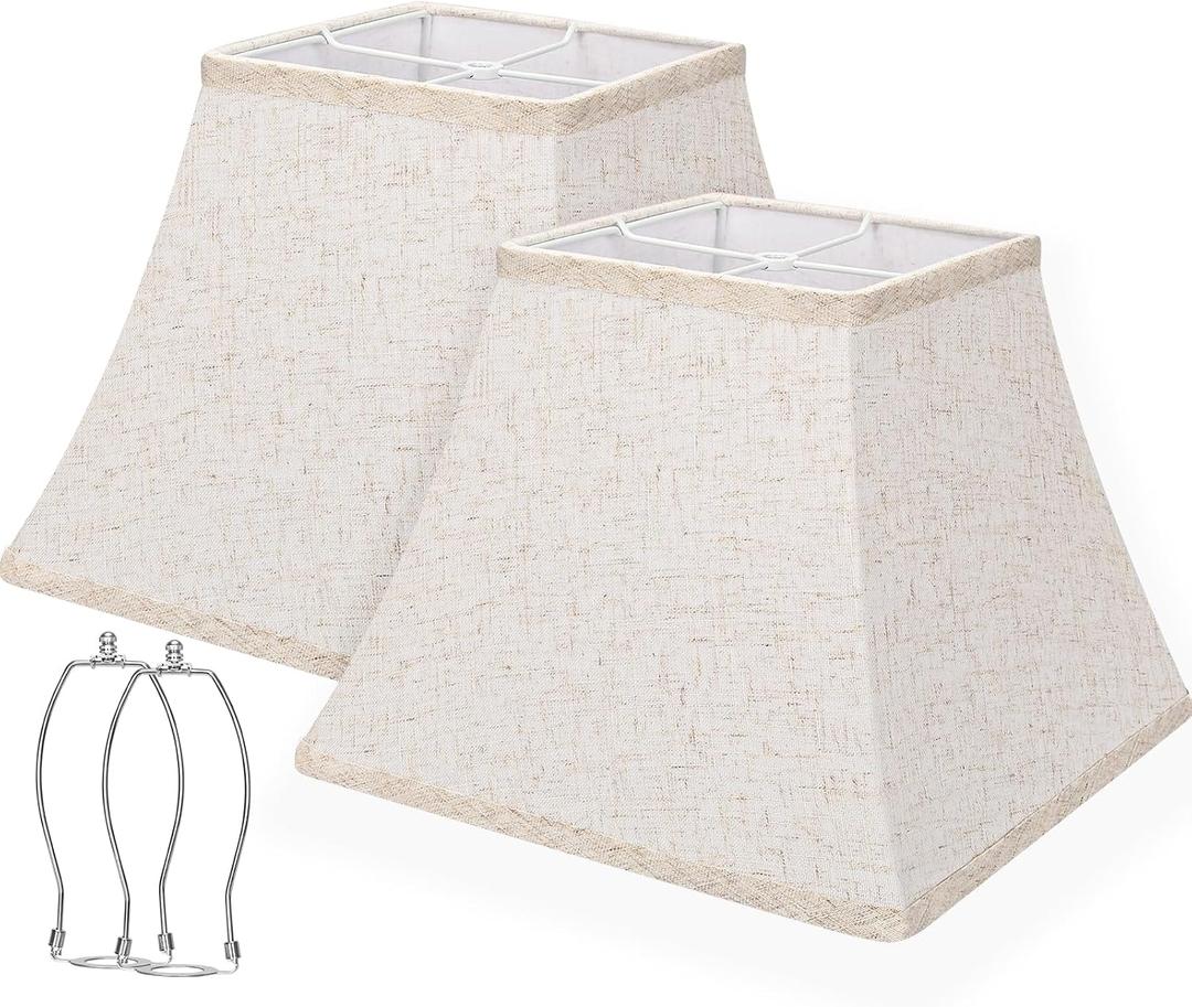 Square Bell Lamp Shades Set of 2, 7.5" x 13" x 10" Medium Beige Shade for Table Lamps Floor Lamps, Fabric Natural Linen Hand Crafted(Spider Fitter), Harp Holders Included, Assembly Required