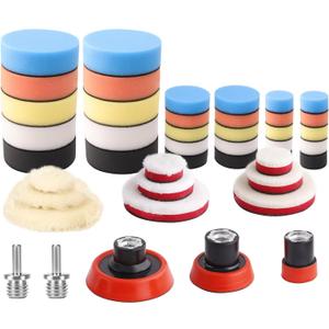 Car Foam Drill Polishing Pad Kit, 44Pcs 1inch 2inch 3inch Detail Polishing Buffing Pad Mix Size Car Detailing Kit with 5/8-11 Thread Backing pad & Adapters for Buffer Polisher Polishing, Buffing