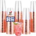 JOLLY CHEF 100 Pack Rose Gold Plastic Disposable Cups, 12 oz Clear Plastic Cups Tumblers, Elegant Rose Gold Rim Disposable Glasses Suitable for Party Wedding