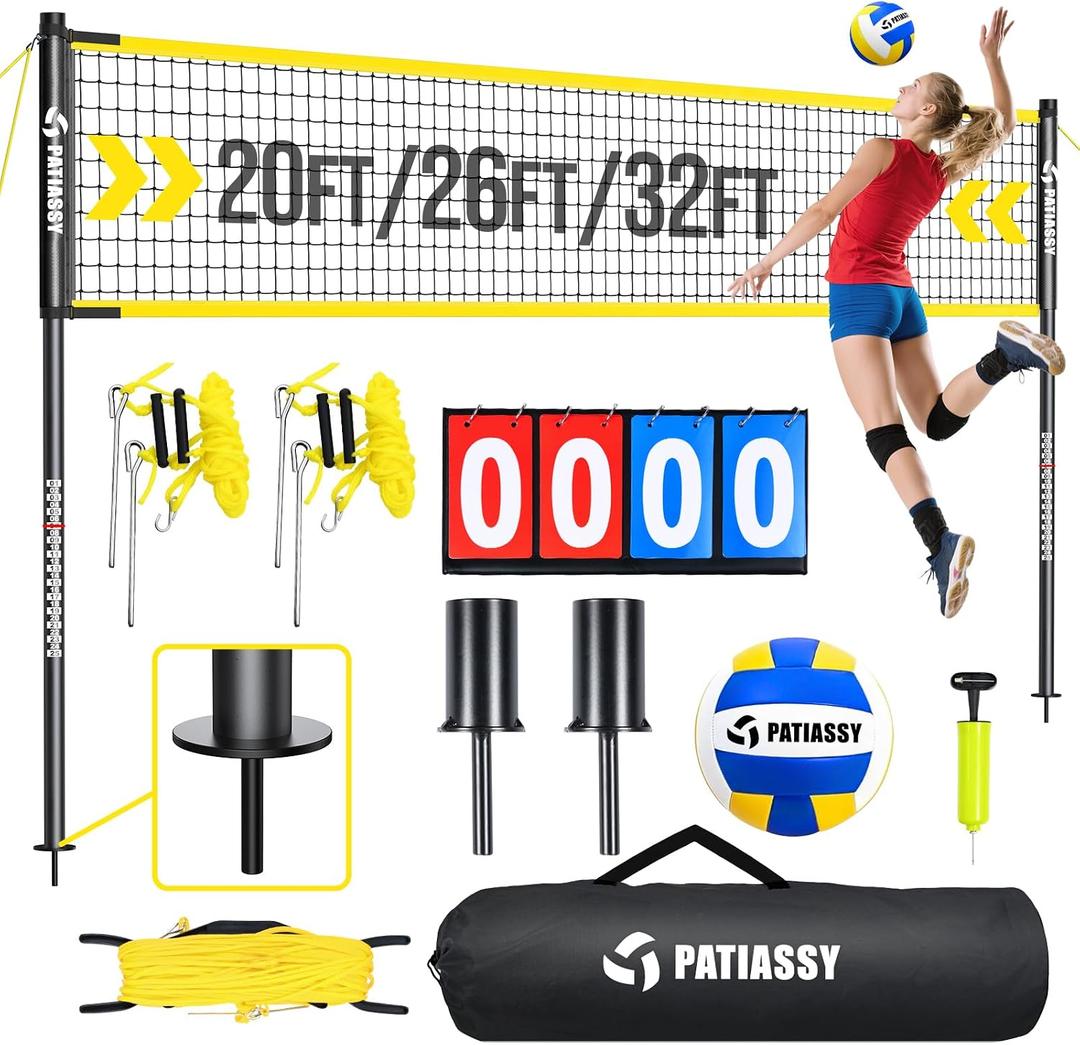 Outdoor Volleyball Net System, 32FT Regulation Size Anti-Sag Net, Quick Setup Adjustable Height Poles, Volleyball Set with Pump, Hammer, Boundary Line and Carry Bag for Backyard Beach Lawn