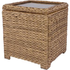 Patio Side Table with Lid & Storage  Hand-Woven HDPE Wicker Side Table with Tempered Glass Top, Deck Box Weatherproof Outdoor Rattan Coffee Table for Pool, Balcony (Square 22x20x20, Light Brown)