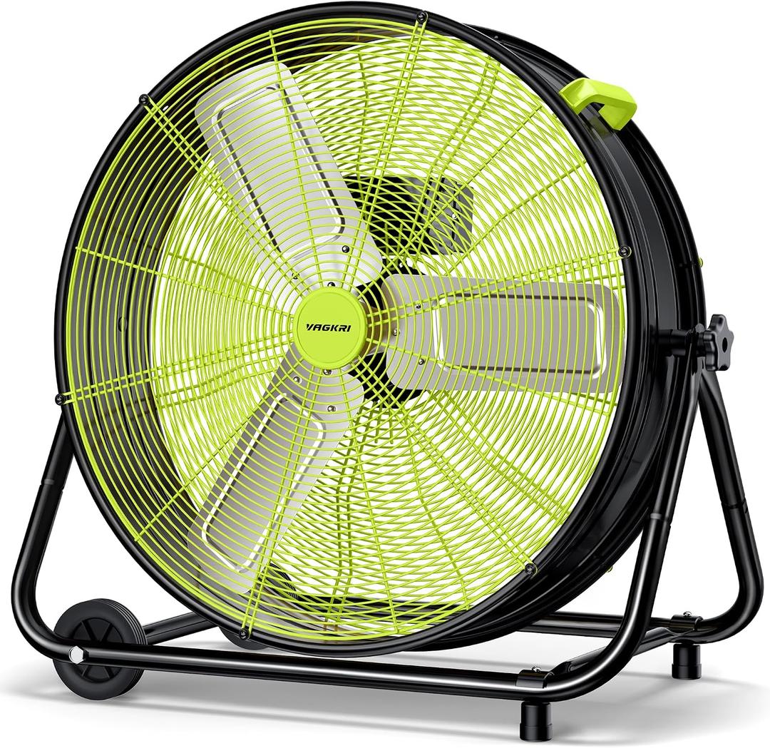 VAGKRI 24 Inch Industrial Drum Fan, 320W High Velocity Floor Fan, 3 Speed Heavy Duty Metal Air Circulator, 360 Tilt with Casters Handle ETL Standard for Patios, Warehouse, Commercial,Basement (Green)