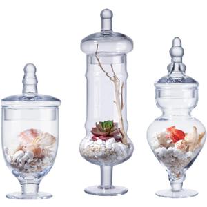 3-Pack Glass Apothecary Jars with Lids  Decorative Candy Storage Containers for Wedding, Buffet, Kitchen (H: 9", 12.5", 14") (Clear)