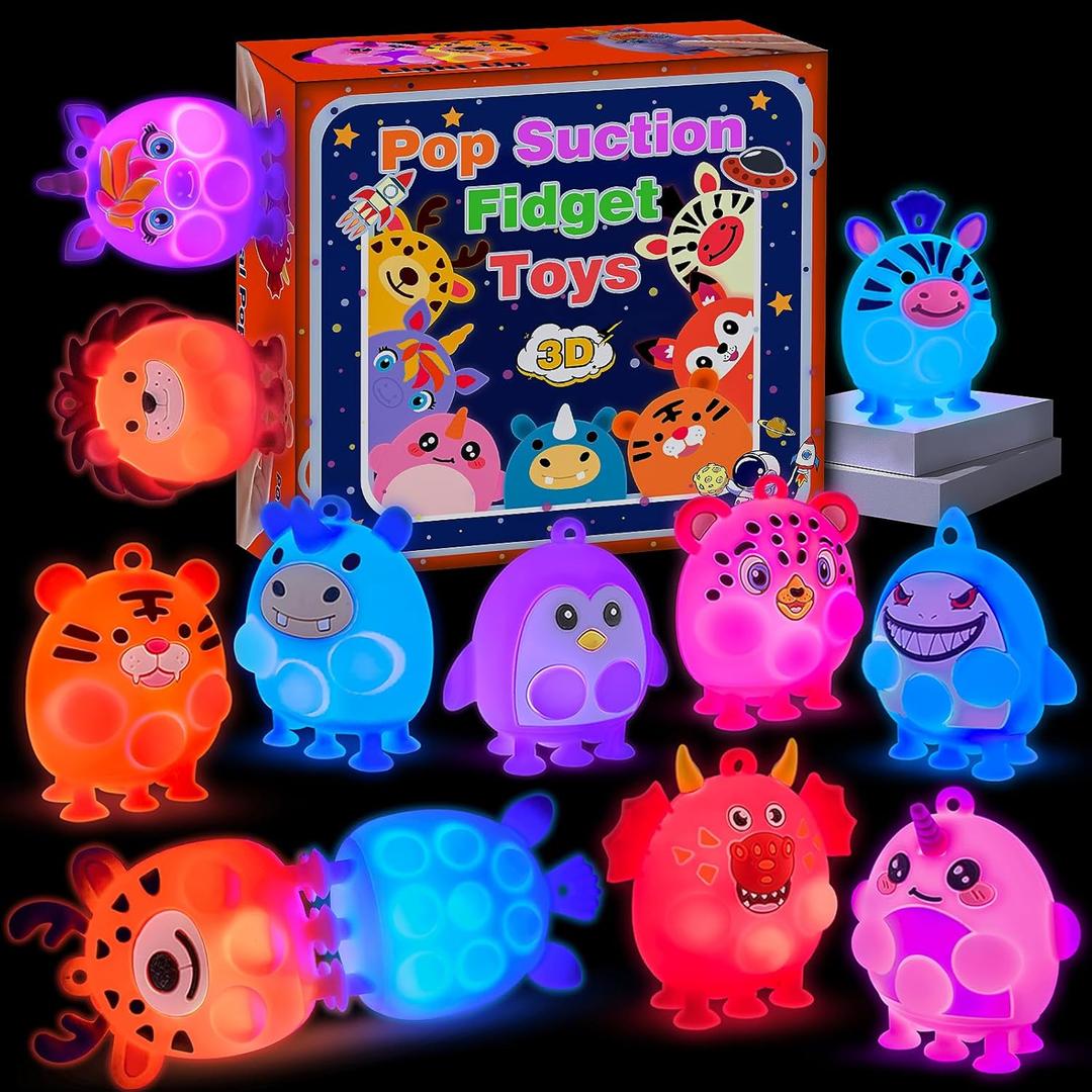 ChildFun Party Favors for Kids, 12 PCS Light Up Animal Suction Pop Fidget Toys, Goodie Bags Stuffers, Classroom Prizes, Pinata Stuffers, Suction Toys for Toddlers