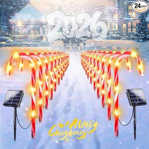 IDEAALS 24Pack Solar Christmas Candy Cane Lights, Solar Pathway Lights Waterproof, Christmas Decorations Outdoor with 8 Modes for Party Patio Garden Lawn Yard Decor