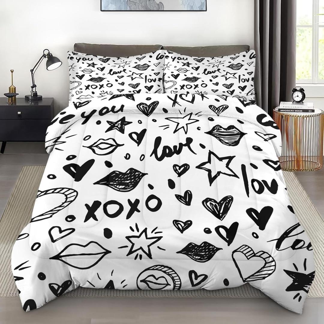 Comforter Set Full Size, Black White Love Star Cute Soft 3 Pcs Bedding for Kids and Adults, Watercolor Vintage Comforter Set with 2 Pillowcases, for Bedroom Bed Decor