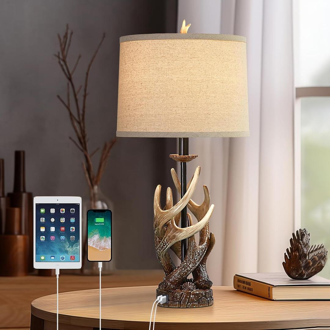 Rustic Farmhouse Table Lamp for Living Room End Table Deer Antler Lamps with USB Ports 28" Tall Western Lamps for Bedroom Cabin Country Lamps for Nightstand, Single, Bulb Not Included