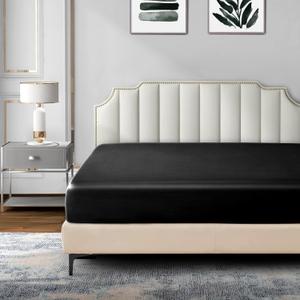 P Pothuiny Satin Fitted Sheet King Size, 1 Single Fitted Sheet Only, Extra Soft Deep Pocket Bottom Bed Sheets Mattress Cover Fits 12" to 16", Wrinkle Free, Fully Elasticized (Black)