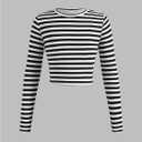 RoseSeek Girl's Long Sleeve Shirts Crew Nekc Slim Fitted Tight Fall Basic Tees Cute Crop Tops for Girls (Black and White)