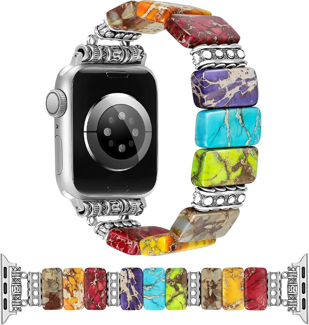 Beaded Natural Stone Bracelet Band Women Compatible with Apple Watch 38/40/41/42mm(S10/11) Boho Elastic Western Vintage Imperial Stone Strap for iWatch Series 11/10/9/8/7/6/5/4/3/2/1/SE (A1 Mix Color)