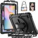 HXCASEAC Case for Samsung Galaxy Tab S6 Lite 10.4 Inch, Protective With Screen Protector, Hand Strap, S Pen Holder, Shockproof Tablet Case 2024/2022/2020 - Black (10.4 inch-Tab S6 Lite, Black/Black)