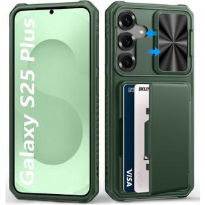BXYJY Multifuncional Case for Samsung Galaxy S25+ Plus, Card Holder (4-5 Cards), RFID Block, Slide Lens Cover & Military Drop Protection, Heavy Duty Men Women Wallet Case for Samsung S25+ Plus, Green