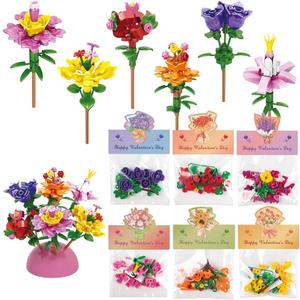 Valentines Day Gifts for Kids - 24 Pack Prepacked Valentine's Day Cards with Flower Building Blocks Crafts for School Classroom Class Party Favor, Valentines Craft Exchange for Boys Girls Teens