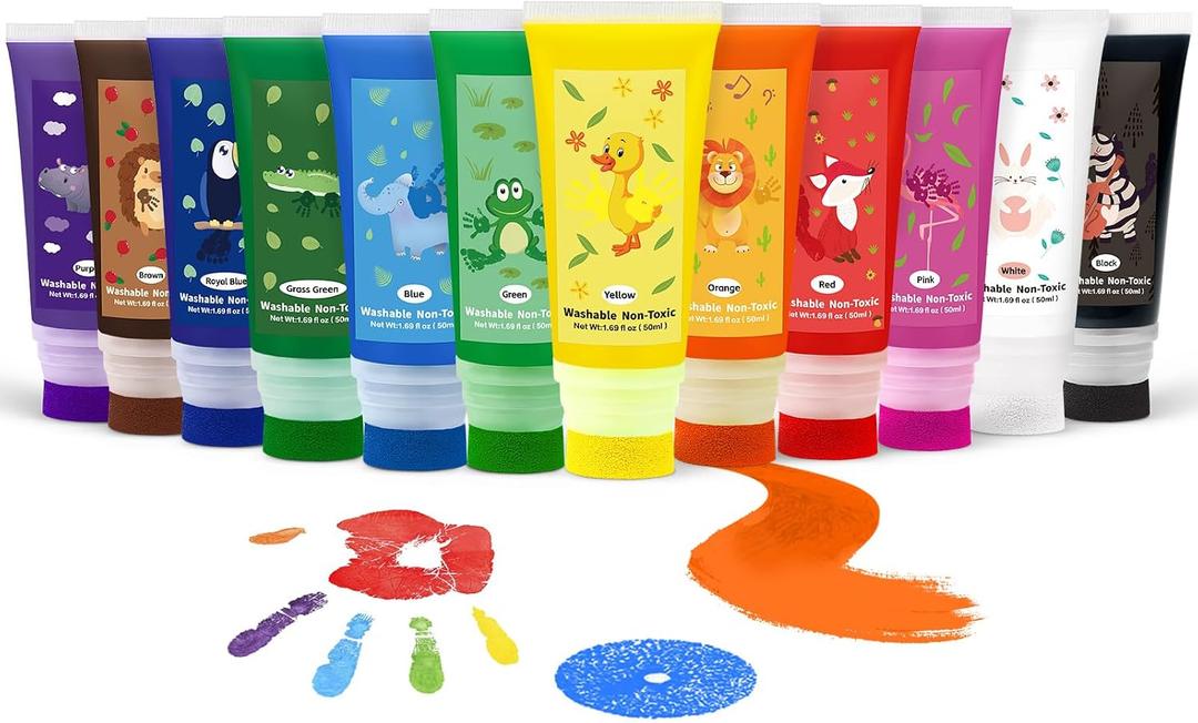 Washable Finger Paint with a Sponge Head, 12 Colors (1.69fl oz/Tube) Non-Toxic, Toddler Painting Set for Kids Boys Girls Gifts, Hand-Painted DIY, Ages 1-3 4 5 6+