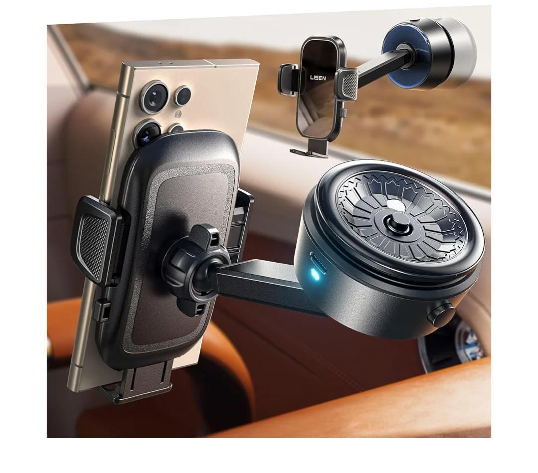 LISEN Electric Retractable Car Phone Mount, iPhone Vacuum Electric Suction Cup Phone Mount, Suction Cup Magnetic Phone Holder, only for Mirror, for iPhone 17 Pro Max Plus 16 15 ~ X, Samsung Galaxy S25 Black