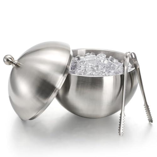 Yesland Ice Bucket with Lid, Double Insulation Ice Box Container Storage Box, 2 L Stainless Steel Ice Bucket Container with Ice Tong Scooper, Spherical Wine Champagne Barrel for Home Party Bar
