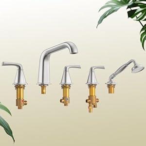 Roman tub Faucet with Sprayer, Qinkell Tub Faucet Set with Valve, 5 Hole Deck Mount Tub Faucets, 2 Handle High Flow Tub Filler with Hand Shower and Supply Lines Brushed Nickel