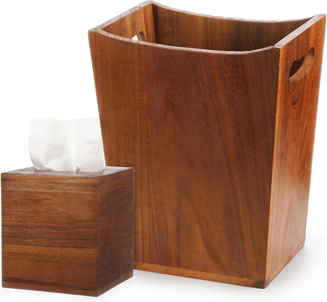Reallnaive 2 Pcs Trash Can Wastebaskets and Tissue Box Set Rectangular Trash Basket Garbage Can for Bathroom, Living Room, Office, Kitchen (Brown)