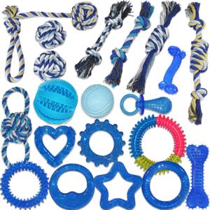20 Pack Puppy Chew Toys for Teething & Fun (Chew Toys for Puppies 0-6 Months Bundle with Various Rubber Rings, Rope Toys and Balls for Interactive Play, Teeth Cleaning & Relief (Blue)