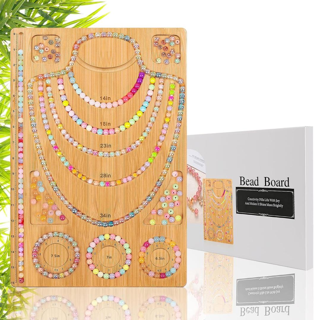 Adrattnay Wooden Bead Boards for Jewelry Making with Box, 16.9 x 11.4 Bamboo Beading Board for Bracelet Necklaces Making, Beginners Bead Design Board Measuring Beads Tray