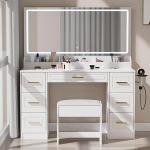 Vanity Desk with Mirror and LED Lights, 43'' W Makeup Vanity Desk with Power Outlet, 3 Color Modes, 7 Drawers Vanity Table with Chair, Dressing Table for Bedroom, Dressing Room (White)