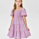 Batermoon Girls Boho Square Neck Puff Sleeve Off Shoulder Smocked Tiered Casual A Line Short Mini Dress Purple, Size 150