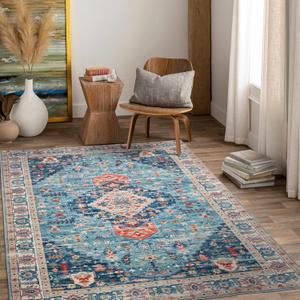 QBSM Washable Area Rug 3x5 Boho Entryway Rug Vintage Throw Rug Indoor Non-Slip Low-Pile Carpet Ultra Soft Rug for Living Room Bedroom Kitchen Laundry Room Office, Blue/Multi/Red (3'X5')