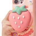 Cute 3D Strawberry Pop-Up Stand and Grip Phone Case for iPhone 15 Pro Max, Kawaii Girly Silicone Fruit Cover for Girls and Women, Pink