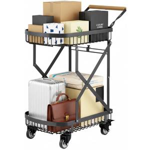 LeleCAT 2-Tier Storage Cart with Wheels, Heavy Duty Folding Rolling Cart,110lbs Capacity Easy Assembly Grocery Cart for Kitchen & Shopping - Collapsible Space-Saving Utility Cart Effortless Carry