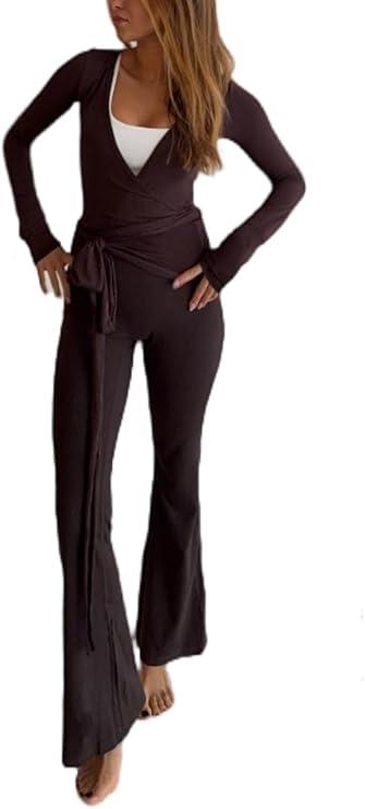 Women Ballet Wrap Tops Sets Athletic Pilates Tie Front Long Sleeve Shirt Sets Y2k Yoga Cross V Neck Fairy Blouse Sets (S, Brown)