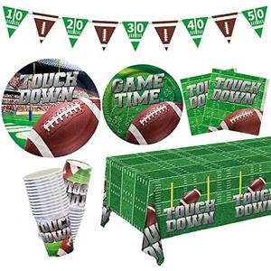 Football Party Supplies Kit Serve 25, Includes Disposable Dinner Plates, Dessert Plates, Napkins, Cups,and Football Tablecloth, Football Birthday Party Tailgate Party Decorations