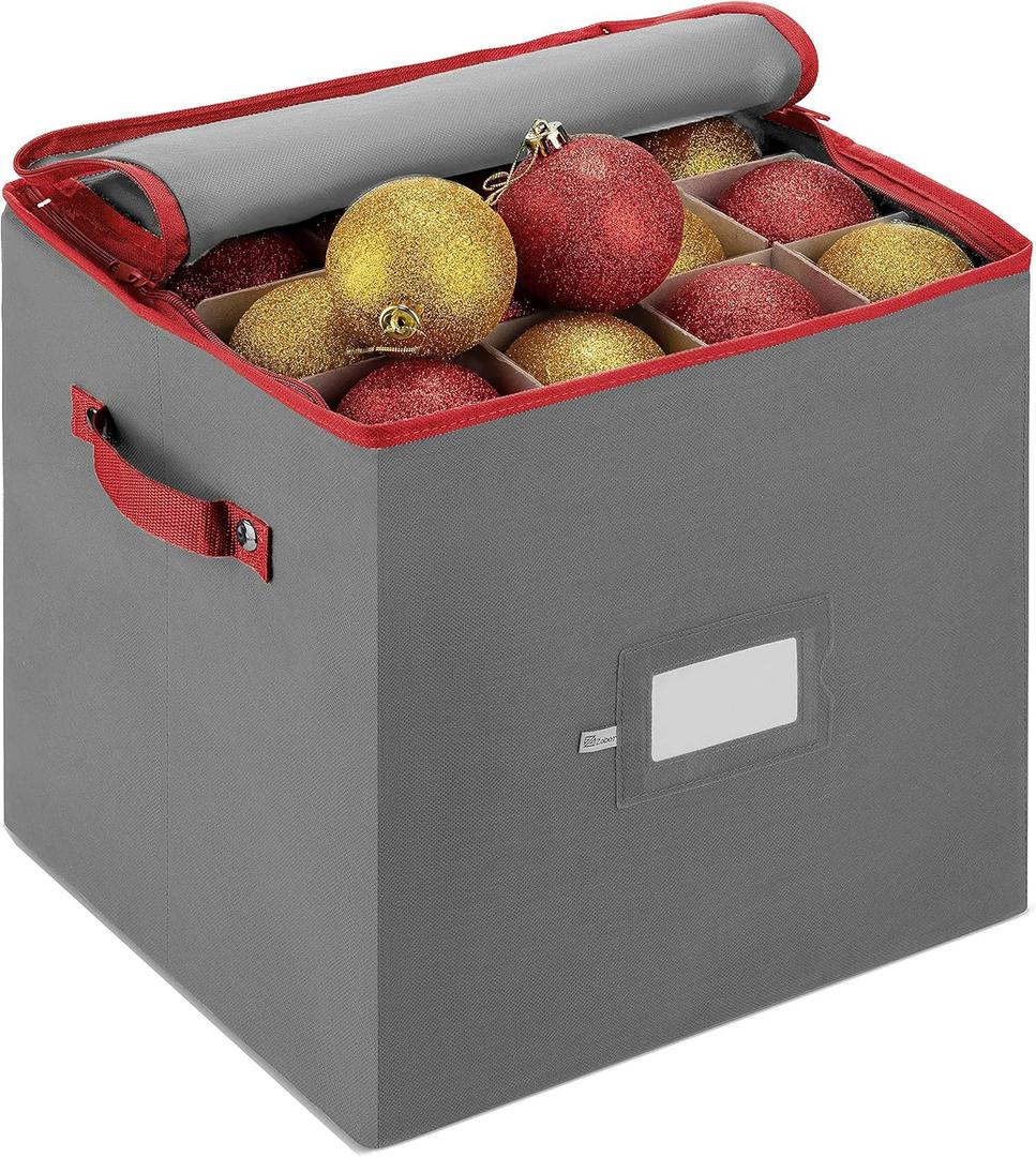 ZOBER Christmas Ornament Storage Box - Stores 64 3" Ornaments, With Dividers - Ornament Organizer Storage Box, Durable Christmas Containers Holder, Dual Zipper - Gray