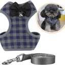 Dog Harness and Leash Set, Soft Mesh No Pull Dog Cat Harness Vest with Bowtie Bell for Small Dogs Puppy and Cats Outdoor Training and Running Classic Plaid Pattern (Small(9.0"-16.5"), Blue Plaid)