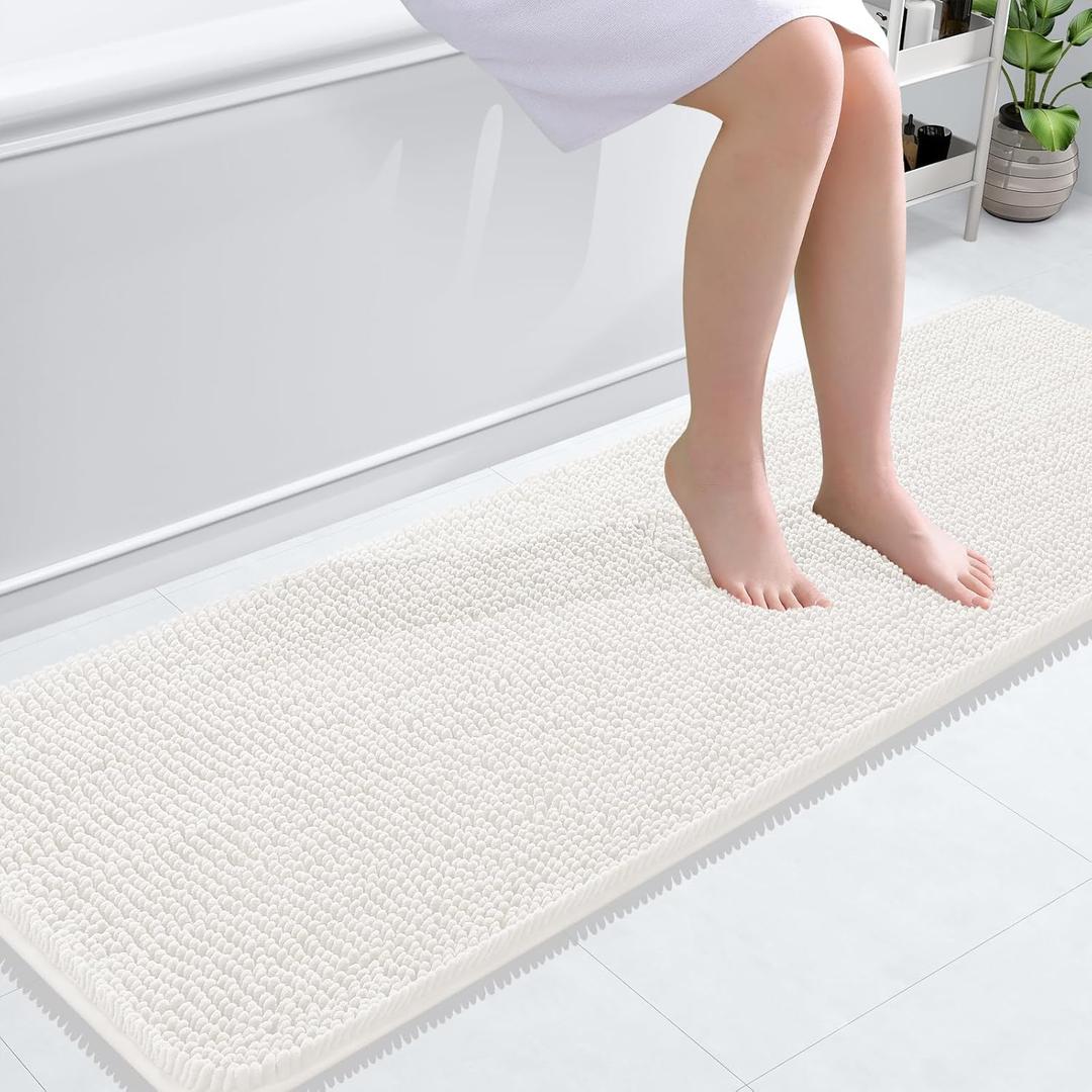 OLANLY Bathroom Runner Rugs 59x20, Extra Soft Absorbent Chenille Bath Rugs, Rubber Backing Quick Dry, Machine Washable Long Bath Mats for Bathroom Floor, Tub and Shower, Home Decor Accessories, Ivory