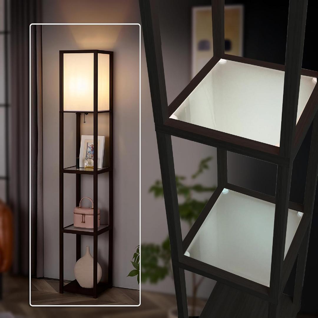 FENLO Floor Lamp with Shelves  Tall Standing Lamp with Tempered Glass Tiers  Modern Minimalist Floor Lamp for Bedroom, Living Room, or Corner  Durable Glass Shelf Lamp with LED Bulb Included
