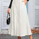 MAKABO Women's Maxi Pleated Skirt with Pockets, High Waisted A Line Long Skirts Button Down Business Casual Outfits (White, M)