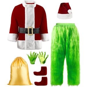 Halloween Costumes Adult Men Green Santa Costume, 8Pcs Furry Santa Suit Funny Christmas Santa Outfit (Large)