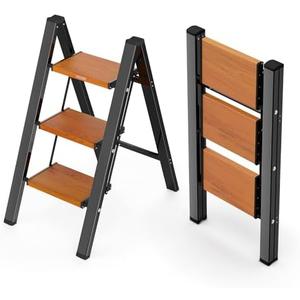 MIDOLI 3 Step Ladder Aluminum Lightweight Folding Step Stool for Adults with Anti-Slip Sturdy and Wide Pedal, with 330 Lbs Capacity Multi-Use for Household and Kitchen Portable Stepladder, Black-Wood