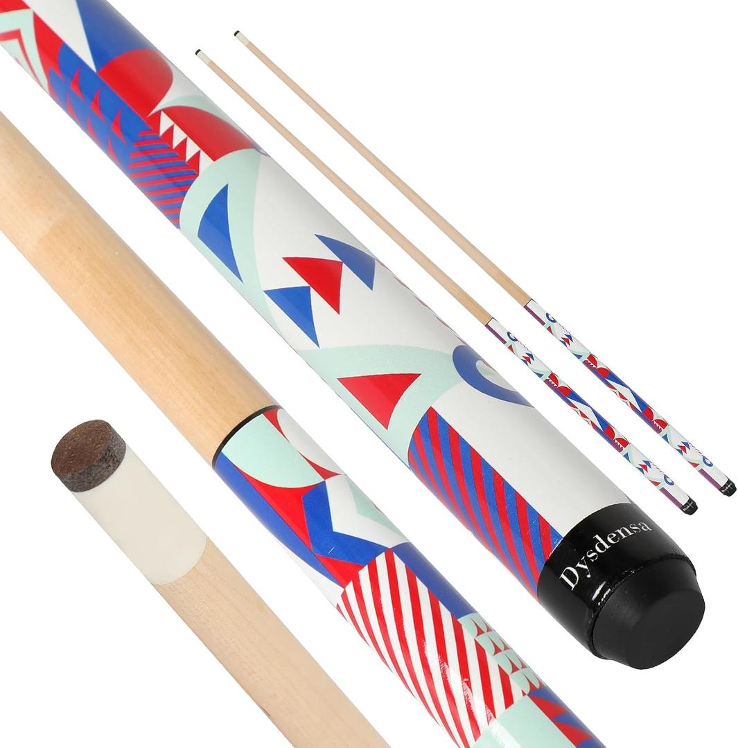 Kids Short Pool Cue Set of 2, Canadian Maple Wood, (48 Inch) with UV-Printed Fun Designs and Leather Tip
