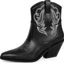 PIZZ ANNU Women's Embroidered Western Cowboy Boots Cowgirl Round Toe Short Ankle Boots Ladies Fashion Retro Classic Booties Chunky Heels (6, Black Pu)