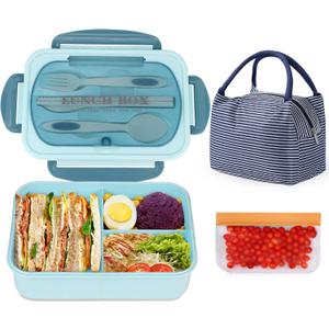 NatraProw Bento Box Adult Lunch Box with Bag, Lunch Containers for Adults, BPA Free, 3 Compartment Lunch Box Microwave safe, Lunch Bag with Containers Included, Blue