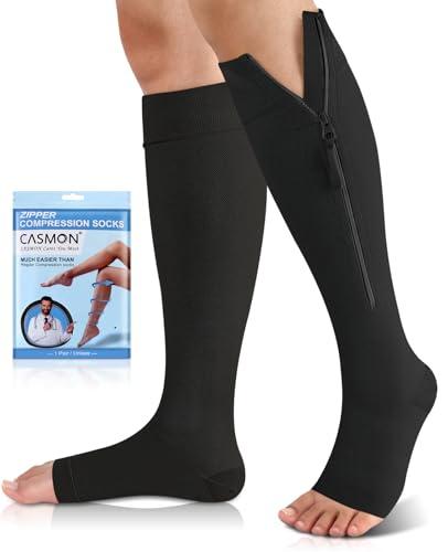 CASMON 15-20mmHg Zipper Compression Socks for Women and Men, Knee High Compression Stockings, Medical Open Toe Support Socks for Varicose Veins, Post-surgery, Swelling, Nurses, Pregnancy (1 Pair), M