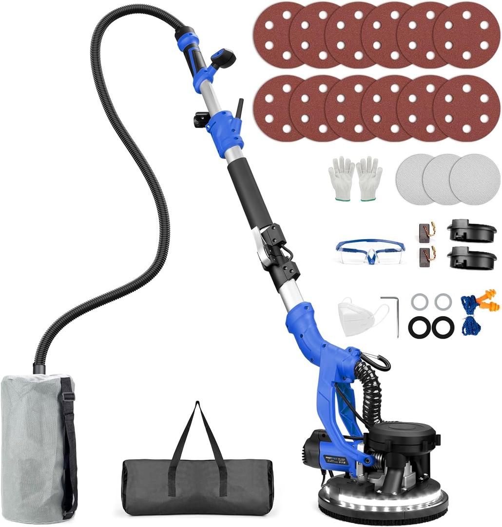 Drywall Sander, 1000W Popcorn Ceiling Removal Tool, Foldable Automatic Drywall Sander with Vacuum Dust Collection, LED Light, 6 Variable Speed 800-2200RPM, 15Pcs Sanding Discs (Blue）