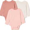 Amazon Essentials x Sofia Grainge Unisex Babies' Cotton Long Sleeve Crew Neck Bodysuit, Pack of 3 (Newborn, Ivory/Pink/Terracotta)