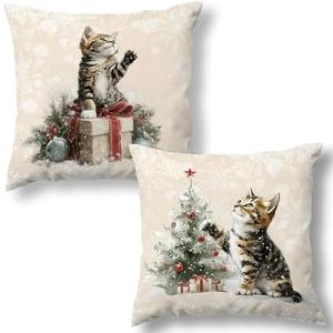 MNASAIOO Christmas Tree Cat Tabby Decorative Throw Pillow Covers Set of 2, Cute Pillows Covers for Cat Lovers Owners, Rustic Beige Winter Snowflake Pillow Cases Decor for Couch Bedroom Holiday 18x18in