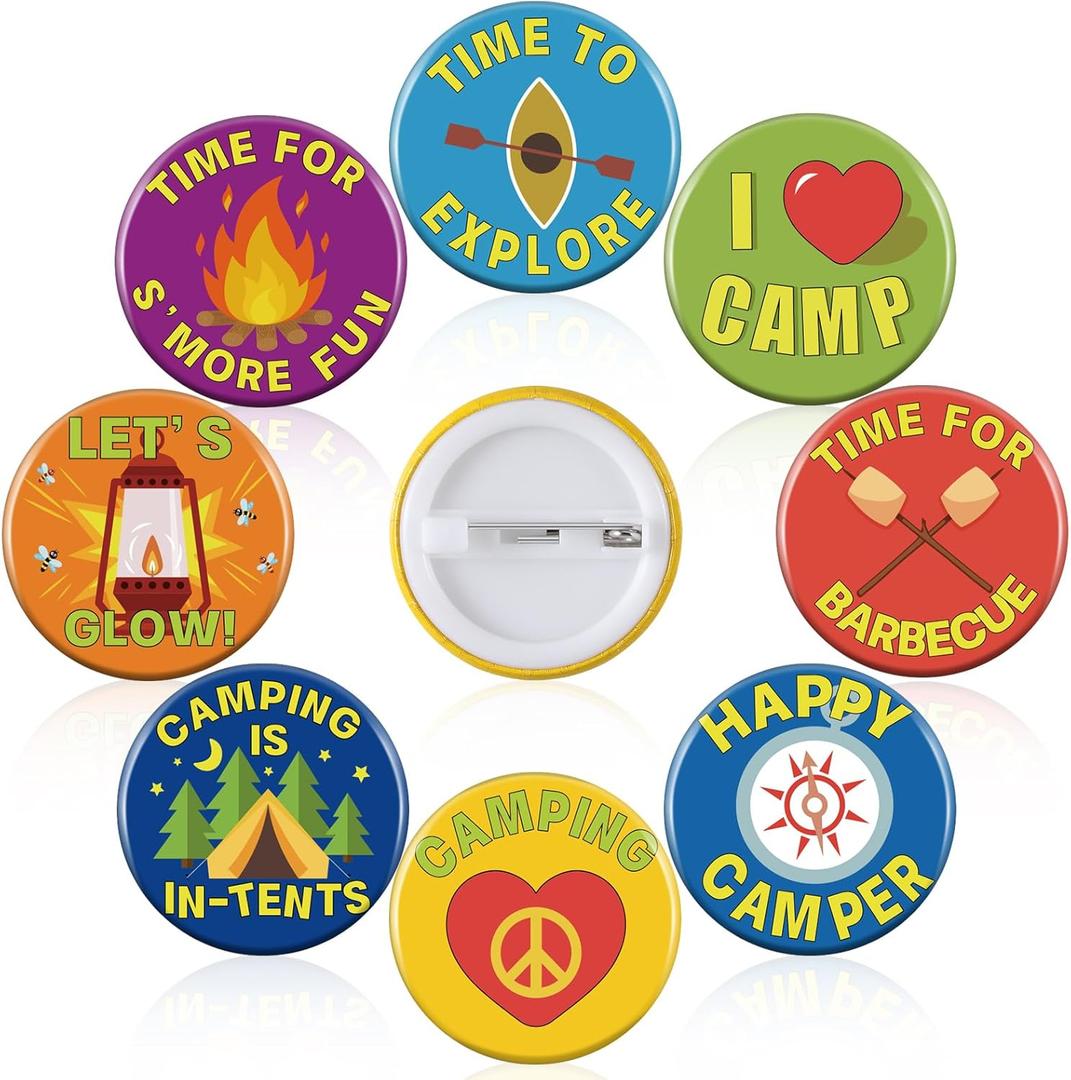 Karenhi 60 Pcs Camping Pins for Kids Bulk 1 Inch I Love Camp Button Outdoors Mini Explorer Pin Halloween DIY Costume Accessories for Camping Party Favors Classroom Home Decoration